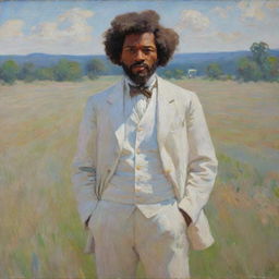 In the style of Claude Monet, depict a 20-year-old Frederick Douglass standing on a field, wearing white clothing. Paint the surrounding landscape with impressionistic strokes, the vibrant scene reflecting Douglass' youth and determination.