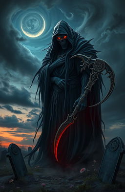 A surreal depiction of a fierce, mythical death figure, cloaked in ragged black robes