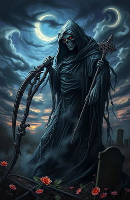 A surreal depiction of a fierce, mythical death figure, cloaked in ragged black robes