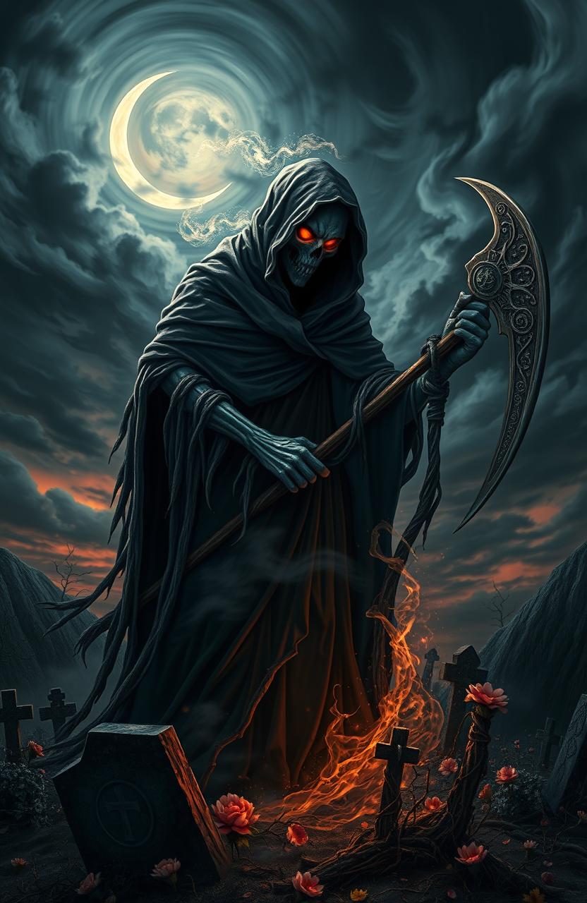 A surreal depiction of a fierce, mythical death figure, cloaked in ragged black robes