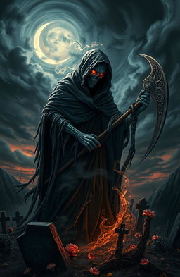 A surreal depiction of a fierce, mythical death figure, cloaked in ragged black robes