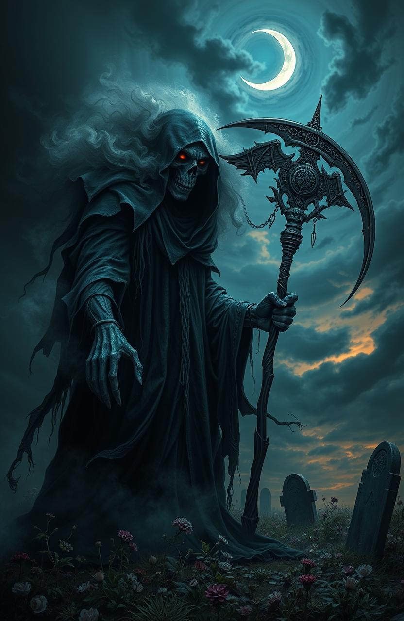 A surreal depiction of a fierce, mythical death figure, cloaked in ragged black robes