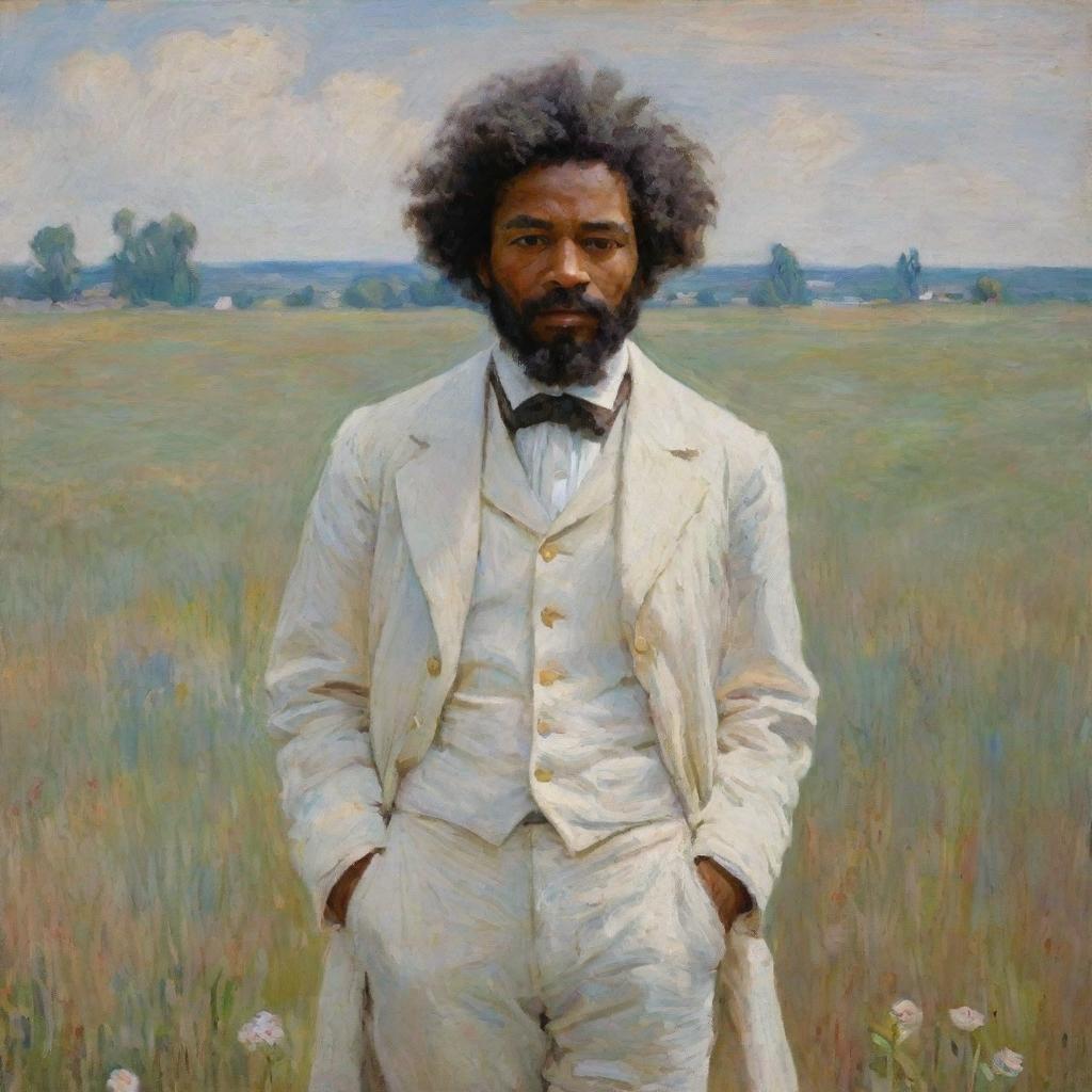 Create a scene in Claude Monet's style featuring a 20-year-old Frederick Douglass wearing worn white clothing on a field. His youthful face bears signs of hardship. The impressionistic landscape surrounds him with vibrant strokes, reflecting his resilience.