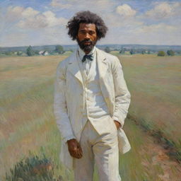 Create a scene in Claude Monet's style featuring a 20-year-old Frederick Douglass wearing worn white clothing on a field. His youthful face bears signs of hardship. The impressionistic landscape surrounds him with vibrant strokes, reflecting his resilience.