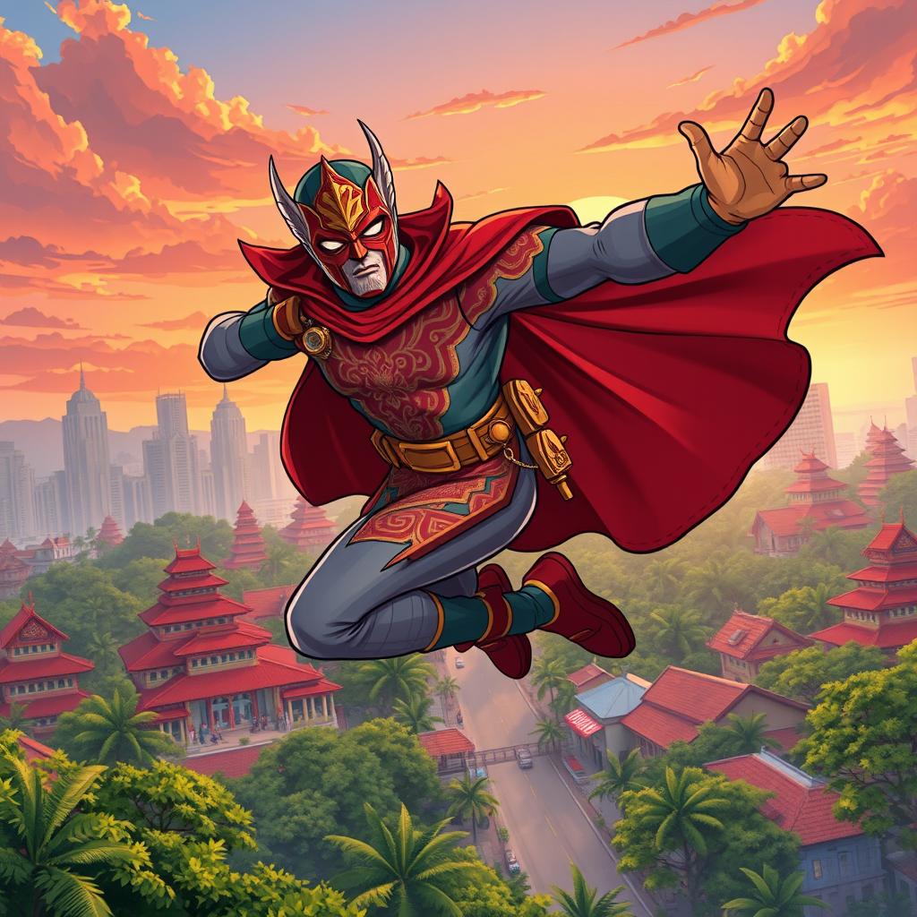 An illustration of a dynamic Indonesian superhero leaping into action