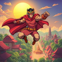 An illustration of a dynamic Indonesian superhero leaping into action