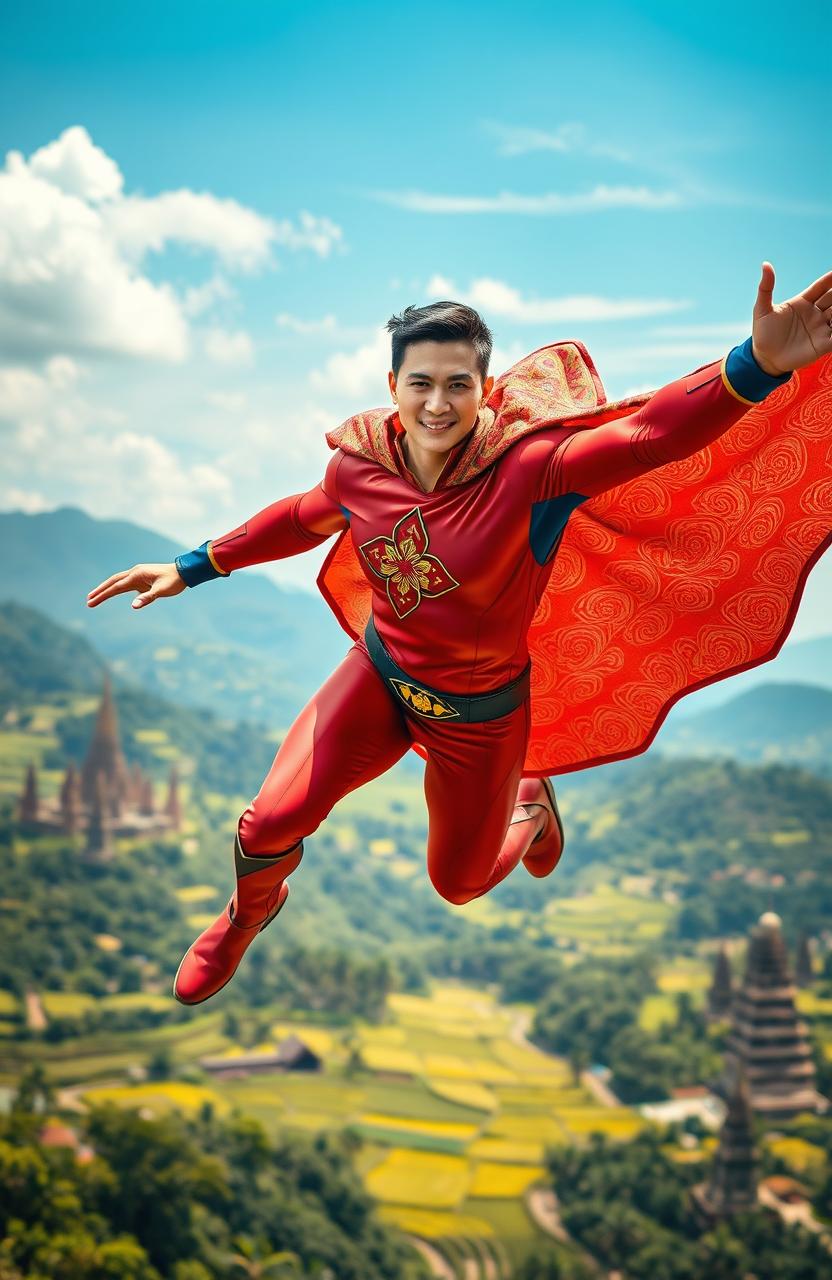 A superhero from Indonesia soaring through the sky with a colorful traditional Batik patterned cape