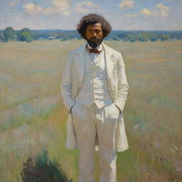 Create a scene in Claude Monet's style featuring a 20-year-old Frederick Douglass wearing worn white clothing on a field. His youthful face bears signs of hardship. The impressionistic landscape surrounds him with vibrant strokes, reflecting his resilience.