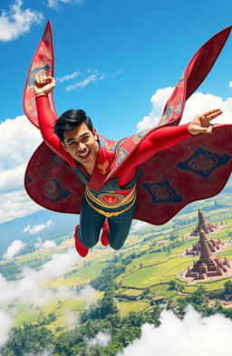 A superhero from Indonesia soaring through the sky with a colorful traditional Batik patterned cape