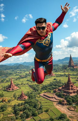 A superhero from Indonesia soaring through the sky with a colorful traditional Batik patterned cape