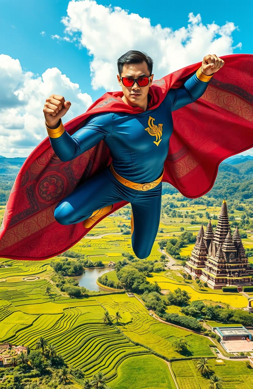 A superhero from Indonesia soaring through the sky with a colorful traditional Batik patterned cape