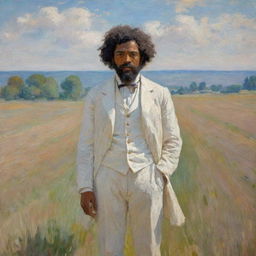 Create a scene in Claude Monet's style featuring a 20-year-old Frederick Douglass wearing worn white clothing on a field. His youthful face bears signs of hardship. The impressionistic landscape surrounds him with vibrant strokes, reflecting his resilience.