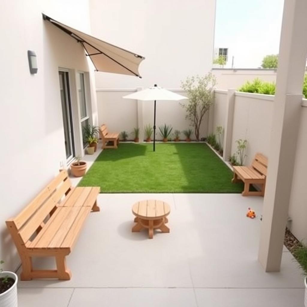 A serene and minimalist patio designed for a daycare, featuring a clean and modern aesthetic