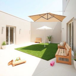 A serene and minimalist patio designed for a daycare, featuring a clean and modern aesthetic