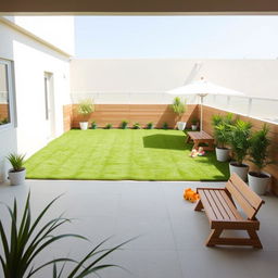 A serene and minimalist patio designed for a daycare, featuring a clean and modern aesthetic