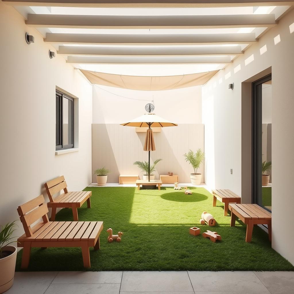 A serene and minimalist patio designed for a daycare, featuring a clean and modern aesthetic