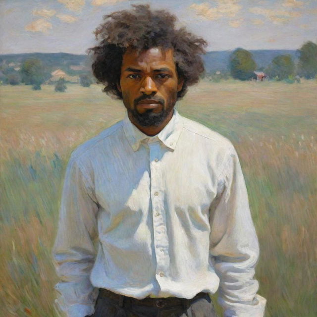 Depict a 20-year-old Frederick Douglass on a field wearing a white shirt in Claude Monet's impressionistic style. His youthful energy and strength are juxtaposed with the vivid, textural strokes of the pastoral scene around him.