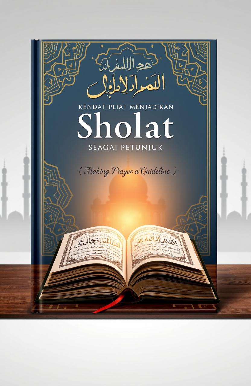 A serene and inspiring book cover design for a book titled 'Menjadikan Sholat sebagai Petunjuk' (Making Prayer a Guideline)