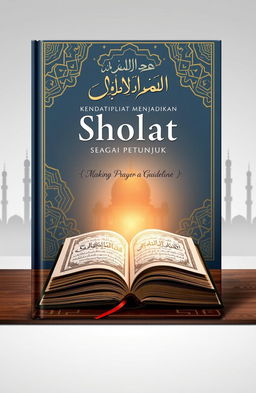 A serene and inspiring book cover design for a book titled 'Menjadikan Sholat sebagai Petunjuk' (Making Prayer a Guideline)