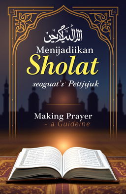 A serene and inspiring book cover design for a book titled 'Menjadikan Sholat sebagai Petunjuk' (Making Prayer a Guideline)