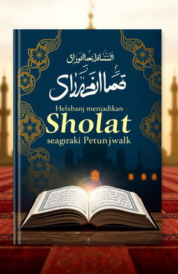 A serene and inspiring book cover design for a book titled 'Menjadikan Sholat sebagai Petunjuk' (Making Prayer a Guideline)