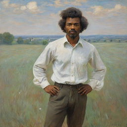 Depict a 20-year-old Frederick Douglass on a field wearing a white shirt in Claude Monet's impressionistic style. His youthful energy and strength are juxtaposed with the vivid, textural strokes of the pastoral scene around him.