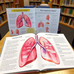 A beautifully illustrated educational book about the human respiratory system, featuring detailed diagrams of the lungs, trachea, bronchi, and alveoli