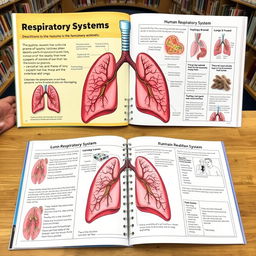 A beautifully illustrated educational book about the human respiratory system, featuring detailed diagrams of the lungs, trachea, bronchi, and alveoli