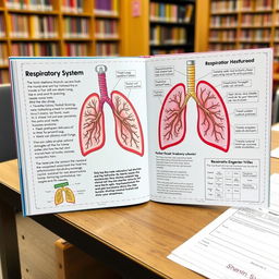 A beautifully illustrated educational book about the human respiratory system, featuring detailed diagrams of the lungs, trachea, bronchi, and alveoli