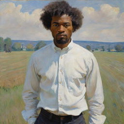 Depict a 20-year-old Frederick Douglass on a field wearing a white shirt in Claude Monet's impressionistic style. His youthful energy and strength are juxtaposed with the vivid, textural strokes of the pastoral scene around him.