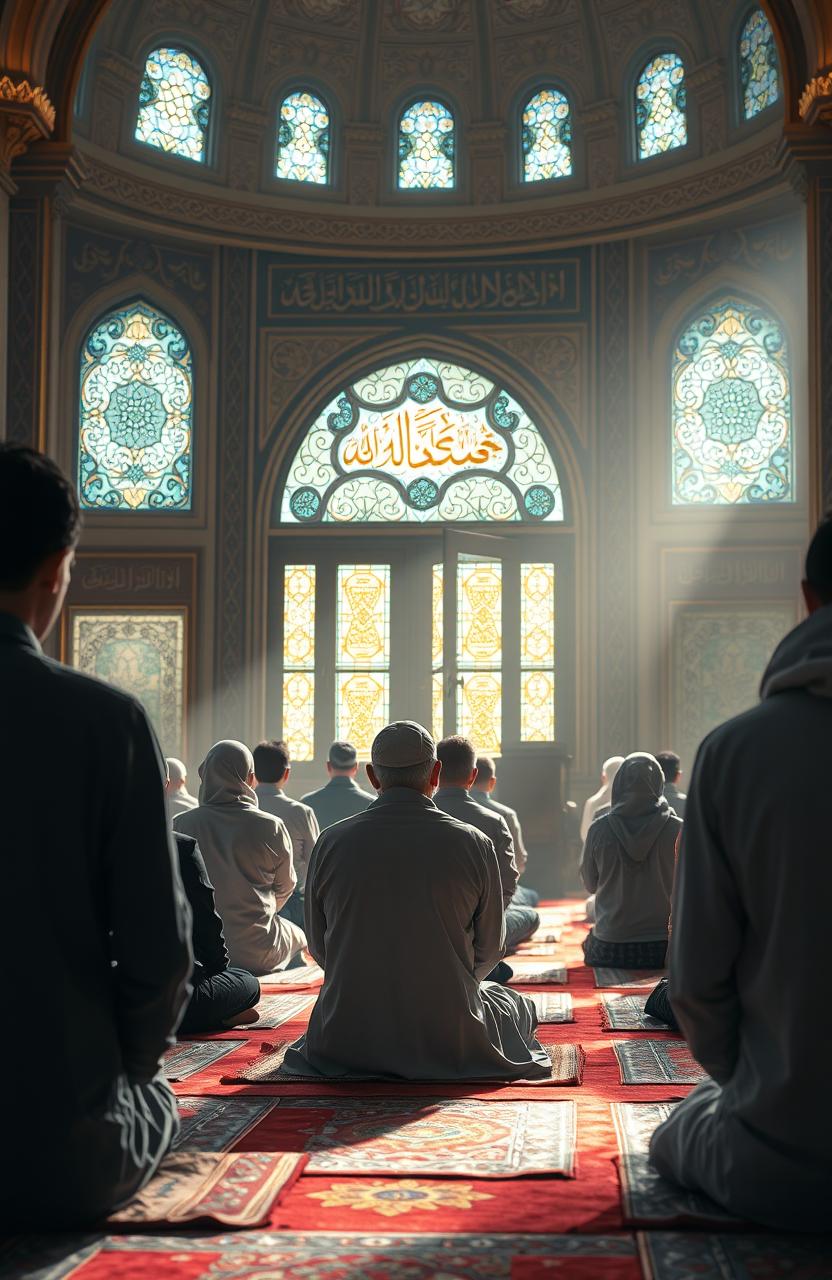 A serene and peaceful scene depicting a group of diverse individuals engaged in prayer (sholat) and remembrance of God (dzikir) in a beautifully decorated mosque