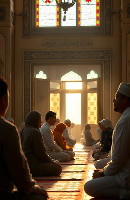 A serene and peaceful scene depicting a group of diverse individuals engaged in prayer (sholat) and remembrance of God (dzikir) in a beautifully decorated mosque