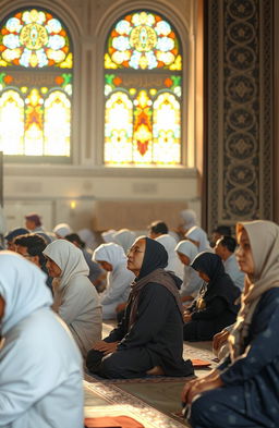 A serene and peaceful scene depicting a group of diverse individuals engaged in prayer (sholat) and remembrance of God (dzikir) in a beautifully decorated mosque