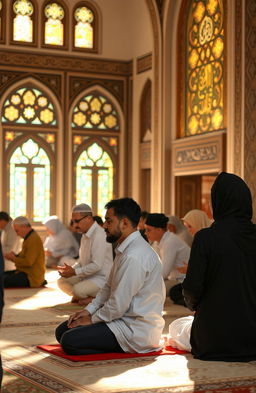 A serene and peaceful scene depicting a group of diverse individuals engaged in prayer (sholat) and remembrance of God (dzikir) in a beautifully decorated mosque