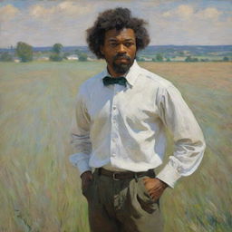 Depict a 20-year-old Frederick Douglass on a field wearing a white shirt in Claude Monet's impressionistic style. His youthful energy and strength are juxtaposed with the vivid, textural strokes of the pastoral scene around him.