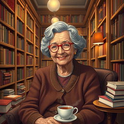 An artistic portrayal of Gerda Lerner, the influential historian and feminist, sitting in a cozy library filled with books