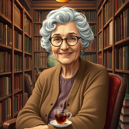 An artistic portrayal of Gerda Lerner, the influential historian and feminist, sitting in a cozy library filled with books