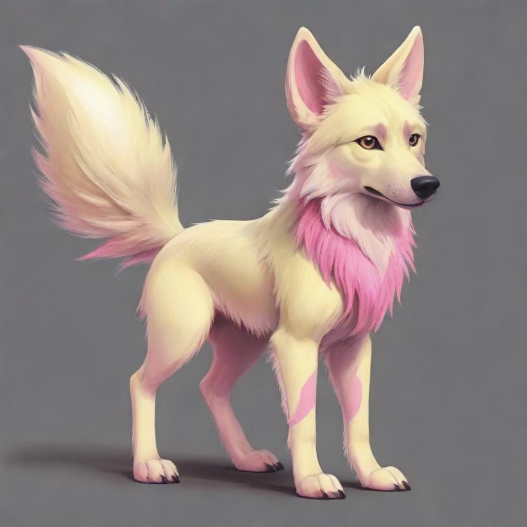 Draw a quadruped wolf in a cartoony, furry style. She should have pastel yellow fur, accented with pink markings. Also, a pink feather should be present in her ear and at the start of her tail.