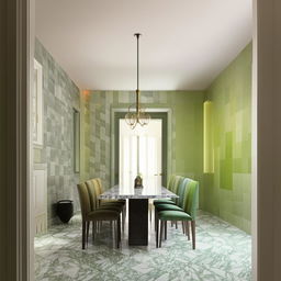 A 12x10 dining room featuring a dining table set on a checkered marble floor, alternating between white and green tiles. The room is tastefully lit, amplifying the room's colors, and patterns.