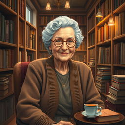 An artistic portrayal of Gerda Lerner, the influential historian and feminist, sitting in a cozy library filled with books