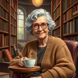 An artistic portrayal of Gerda Lerner, the influential historian and feminist, sitting in a cozy library filled with books