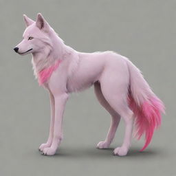 Draw a quadruped wolf in a cartoony, furry style. She should have pastel yellow fur, accented with pink markings. Also, a pink feather should be present in her ear and at the start of her tail.