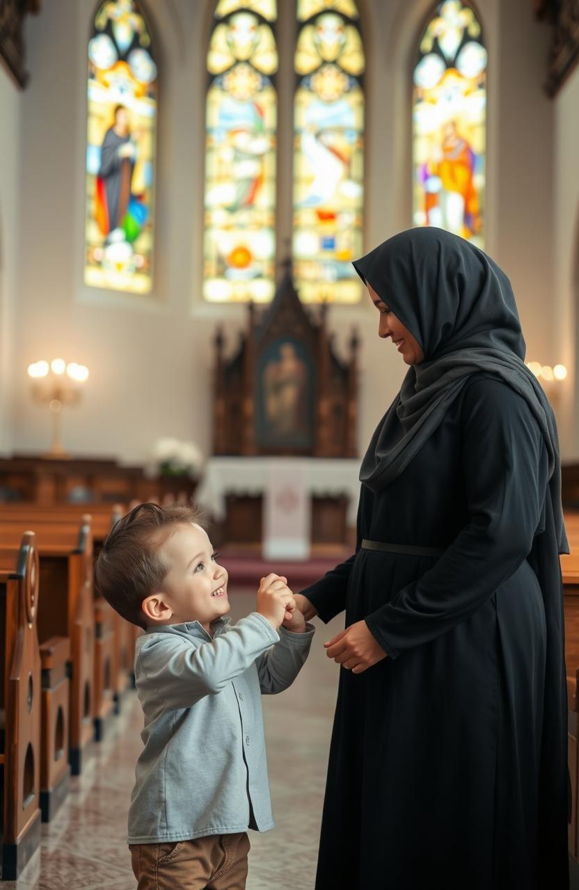 A serene scene inside a charming church, featuring a five-year-old boy holding the hand of his mother, who is a Muslim woman wearing a traditional hijab