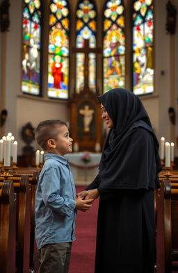 A serene scene inside a charming church, featuring a five-year-old boy holding the hand of his mother, who is a Muslim woman wearing a traditional hijab