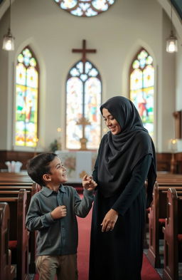 A serene scene inside a charming church, featuring a five-year-old boy holding the hand of his mother, who is a Muslim woman wearing a traditional hijab