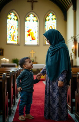 A serene scene inside a charming church, featuring a five-year-old boy holding the hand of his mother, who is a Muslim woman wearing a traditional hijab