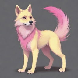 Draw a quadruped wolf in a cartoony, furry style. She should have pastel yellow fur, accented with pink markings. Also, a pink feather should be present in her ear and at the start of her tail.