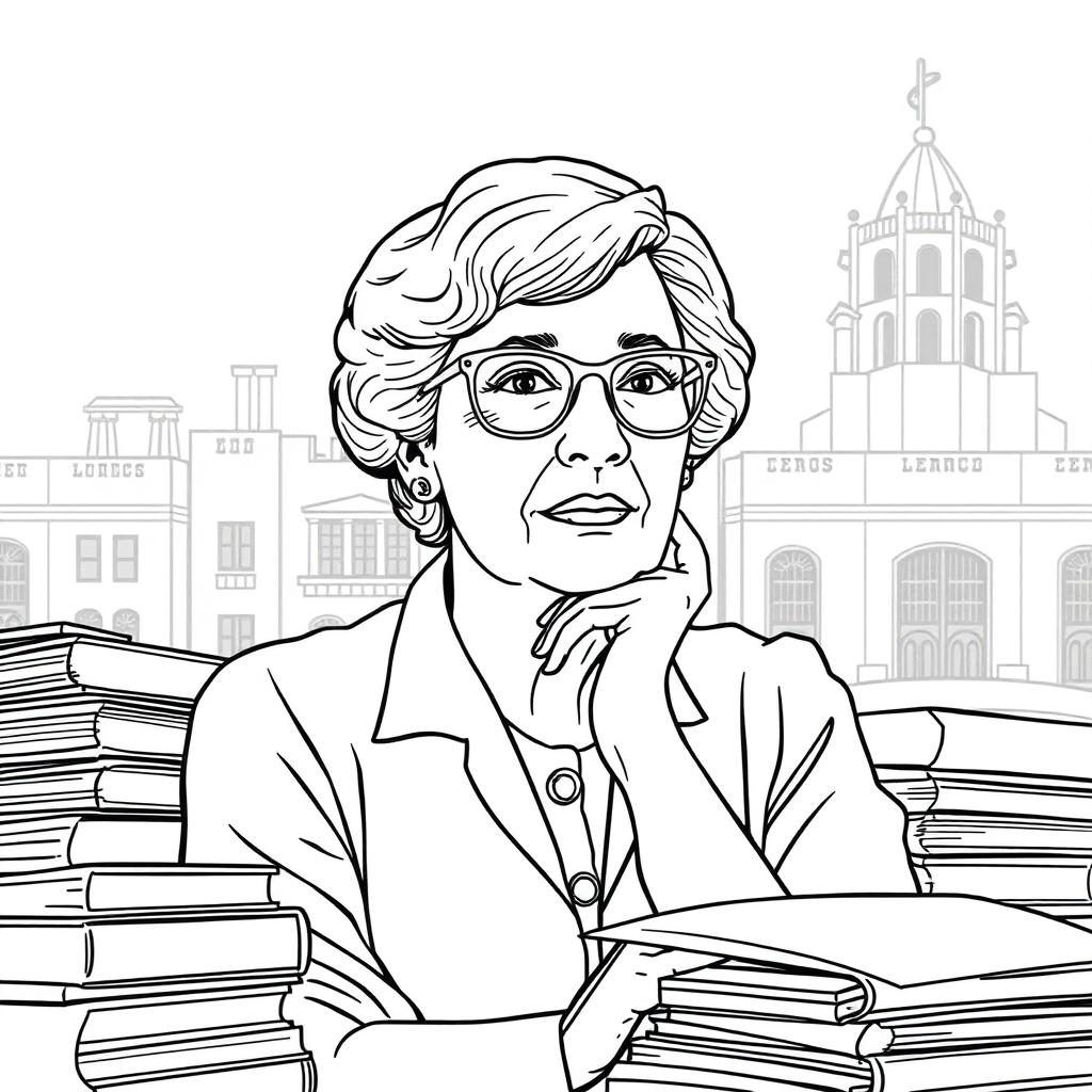 An outlined coloring image of Gerda Lerner, the influential feminist historian, author, and educator known for her contributions to women's history