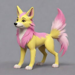 Draw a quadruped wolf in a cartoony, furry style. She should have pastel yellow fur, accented with pink markings. Also, a pink feather should be present in her ear and at the start of her tail.