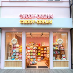 A grand facade of a cute plush toy store named "CUDDY DREAM" prominently displayed at the top